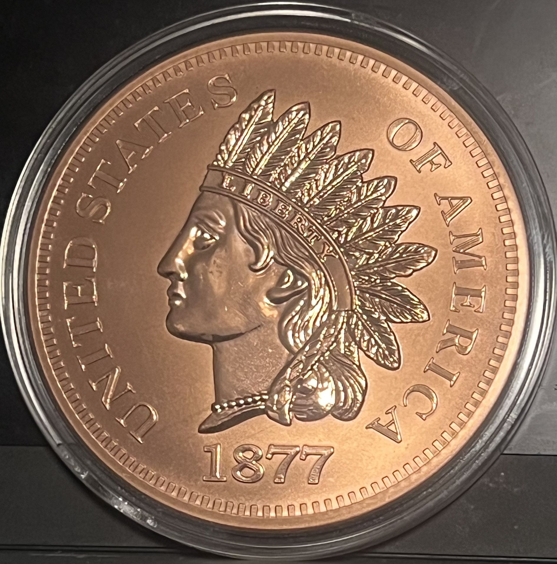 1877 Indian Head Penny Tribute Design Coin • 5 oz Pure Copper Round (.999 Fine) in Premium Protective Airtight Capsule