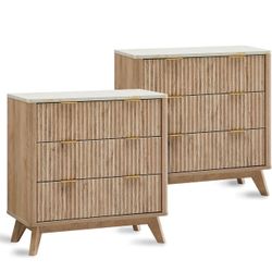 T4TREAM 32" Tall Fluted Nightstand Set of 2, Modern Side Table with Faux Marble Top, 3 Drawers End Table w/Storage, Bedside Table for Bedroom, Living 