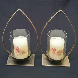 Hurricane Candle Holder Metal,Glass&Scented Candles Real Flowers 12.25"X6" 