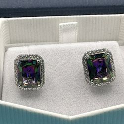 New Radiant Cut 7.35 Ct Mystic Topaz Earrings Rectangular Shaped Weighs 5.57 Grams Pristine 