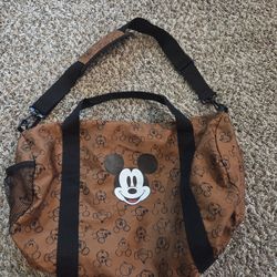 Disney Bio World Mickey Mouse Brown Canvas Tote Duffle Gym Travel Bag