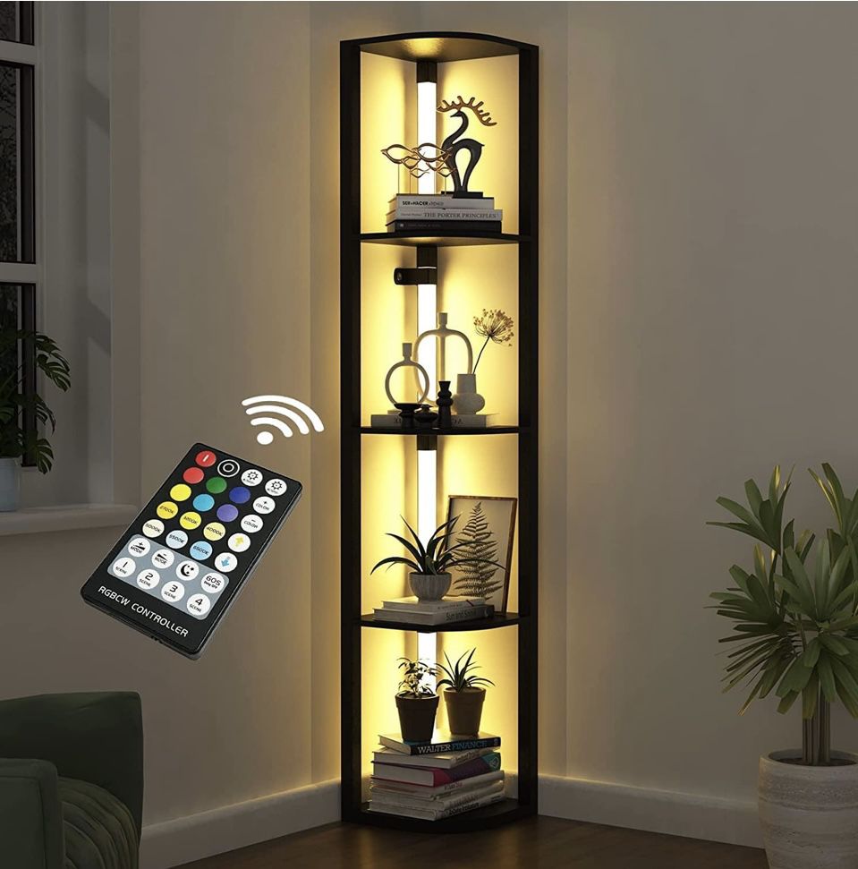Corner Shelf with Light, Floor Lamps with Storage Shelves 5-Tier Corner Bookshelf for Small Space