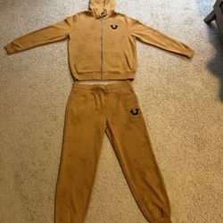 True Religion Logo Jacket Full Zip Up Hoodie Chipmunk Men's Size L Large w Jogger Pants M Medium Set
