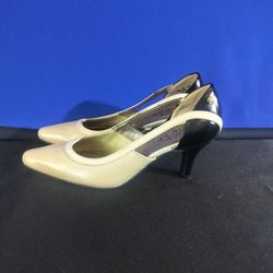 Lite Stride Beige & Black Women's Open Strap Heels (Size 6.5)