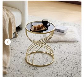 Timberline 15.75 in. Modern Glam Hourglass Mirror Round Side Table, Metal, Black + Gold