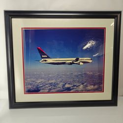 Professionally framed aviation art print   Delta Airlines Boeing 767 jet soaring 26" X 24"