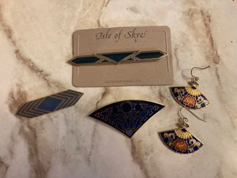 Cloisonné BLUE Pin Broche Set Lot with earrings 