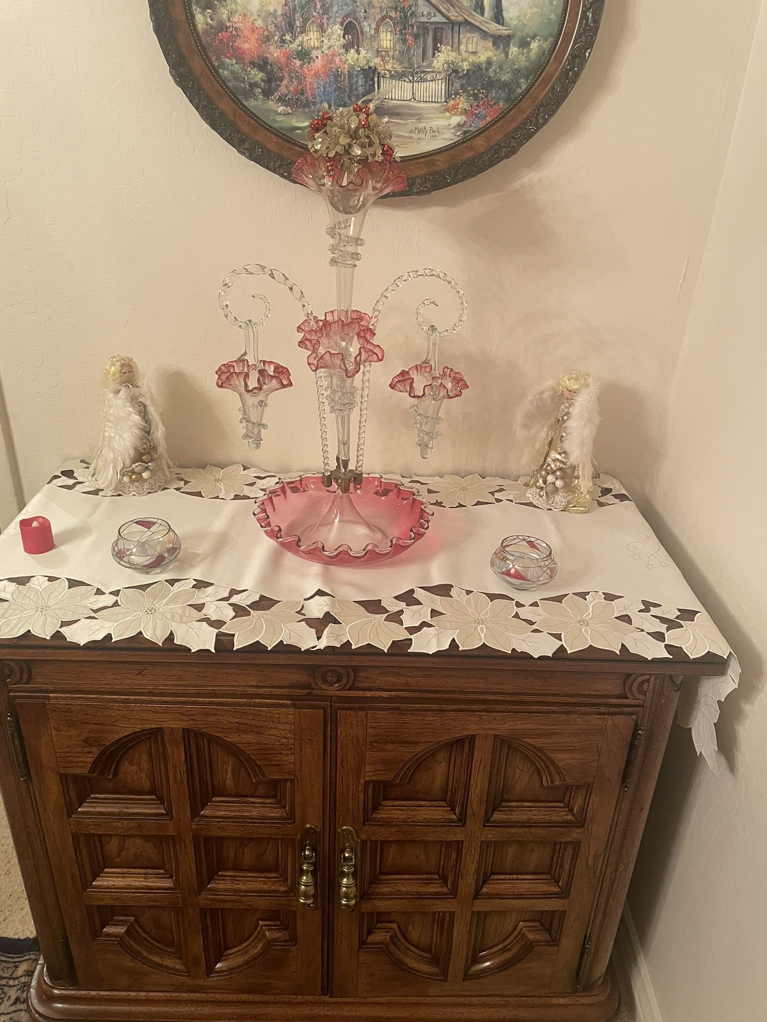 21” Tall 6piece cranberry To clear Glass Epergne.