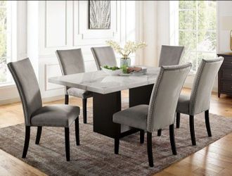 Brand New  Black White Genuine Marble Top 7pc Dining Table Set