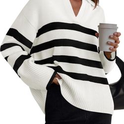 Brandnew(Medium) Women's Winter Sweaters Lapel V Neck Long Sleeve Striped Chunky Knit Oversized Pullover Sweater Jumper Tops