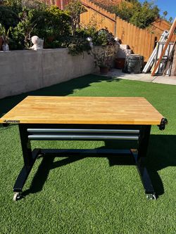 Husky 46” Adjustable Height Workbench – Solid Wood Top – 2 Drawers