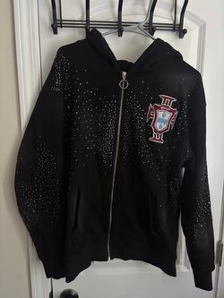 Black Rhinestone Zip-Up Hoodie with Crest Patch