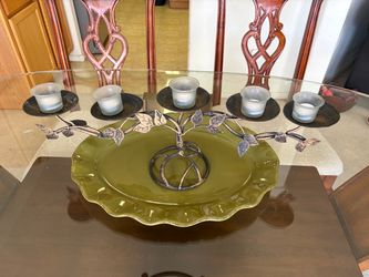 Metal Branch Candelabra with Green Ceramic Plate