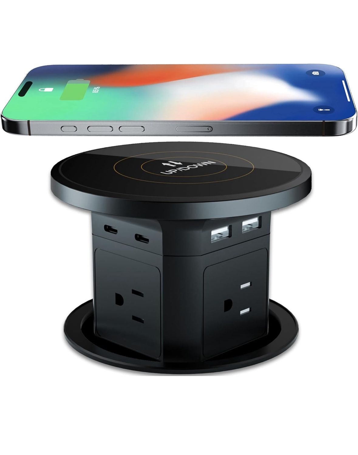 9 in 1 Pop Up Outlet with Wireless Charging – 4 AC & 4 USB Ports 2500W Overload Protection 100 240V Global Voltage 4 1/8