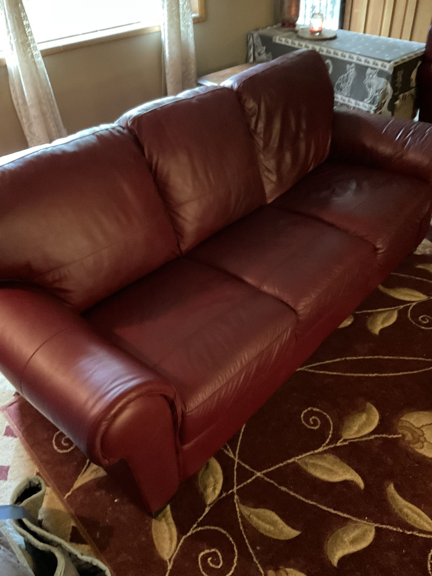 Gently Used Red Burgandy Leather Couch Sofa & Chair