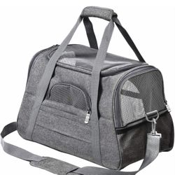 Travel Carrier for Cat, Dog and Small Animals with 5-Sided Breathable Mesh Windows Safety, Under-seat Collapsible Plush Cushion, Color Gray.