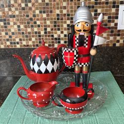 Painted Teapot Set And Nutcracker