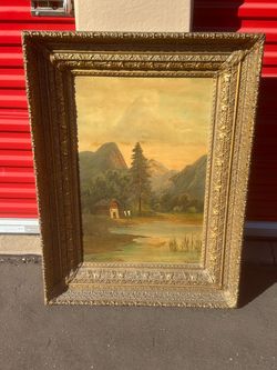 Antique Oil Painting Mountain Landscape Gold Frame