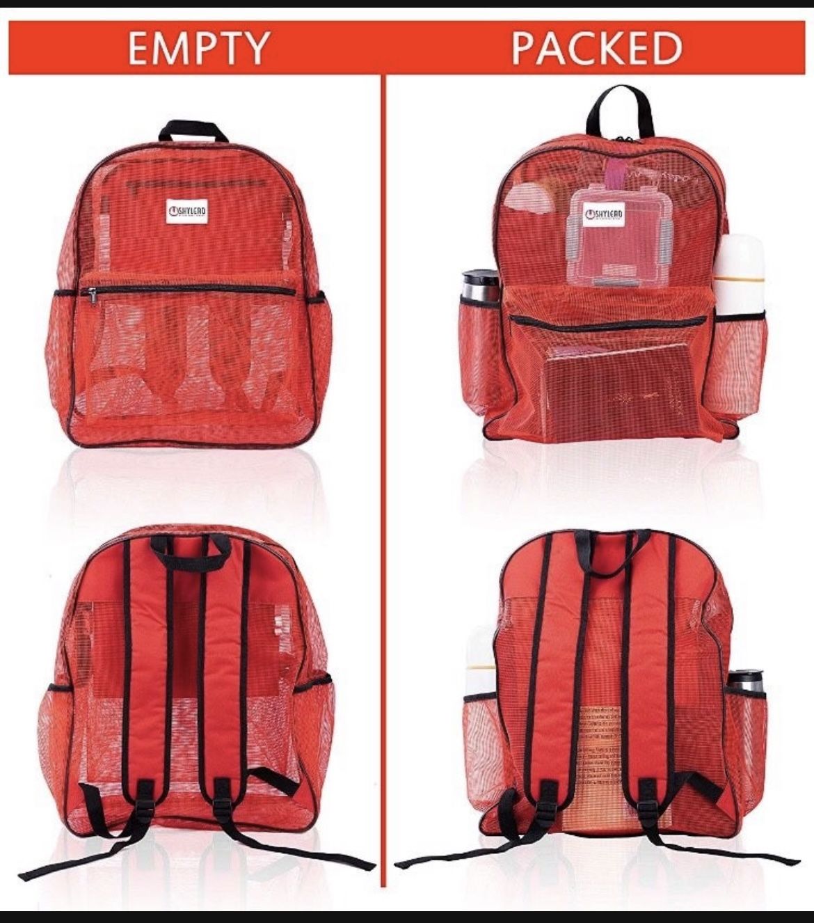 SHYLERO Mesh Backpack XL (40L). 100% Clear Backpack with Key Holder, Bottle Opener, Inner Zippered Pocket. H20 xW16 xD8