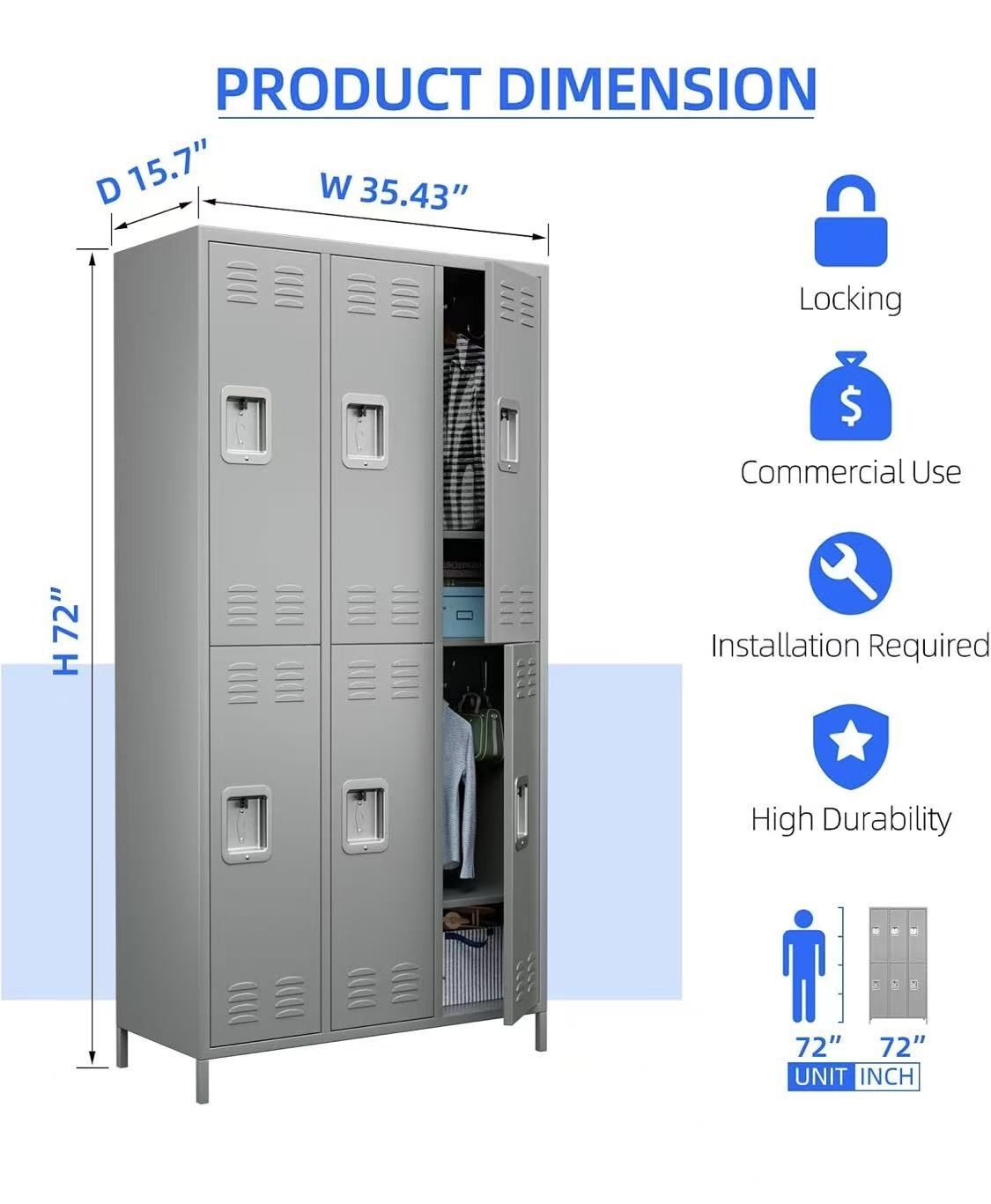 ✌️ 6 Doors Metal Lockers for Employees with Lock,Metal Storage Locker for Employees for School,Office, Gym,Home,Assembly Required,6 Doors Light Grey