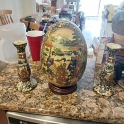 Royal Satsuma Egg On A Stand And 2 Candle Holder