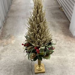 Elegant Glitter Gold Christmas Topiary Tree Decoration on Pedestal with Red Berries & Pinecones