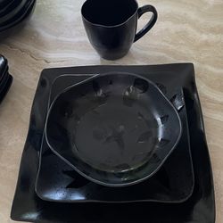 Black Stoneware Dishes, Service For 6 + Extra