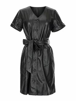 Morgan Taylor Black Faux Leather Button-Front Belted Dress, L