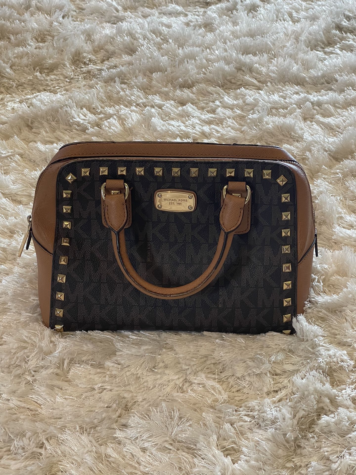 Michael Kors Women Large Sandrine Studded Satchel Authentic Monogrammed Front