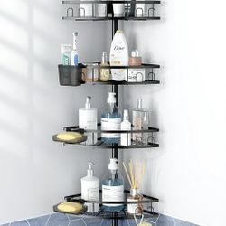 Shower Caddy with Tension Pole: 4 Tier Adjustable Corner Shower Organizer for Bath Essentials, 43.5 to 120 Inch, Black