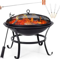 24”Fire Pit Outdoor Steel Wood Burning BBQ Grill Firepit Bowl Fireplace with Mesh Screen & Fire Poker, Log Grate