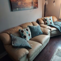Cream Leather, Sofa And Chair