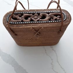 Handwoven Wicker Bag / Boho Carved Wood Lid Tote