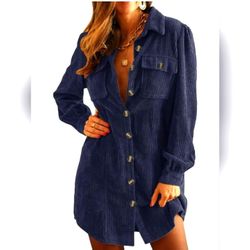 NEW Navy Blue Corduroy Long Sleeve Button Down Tunic Dress With Pockets