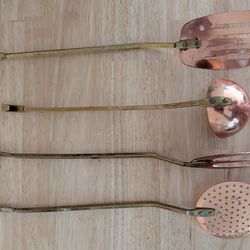VINTAGE LARGE COPPER AND BRASS UTENSIL SET (4) WITH HOOKS