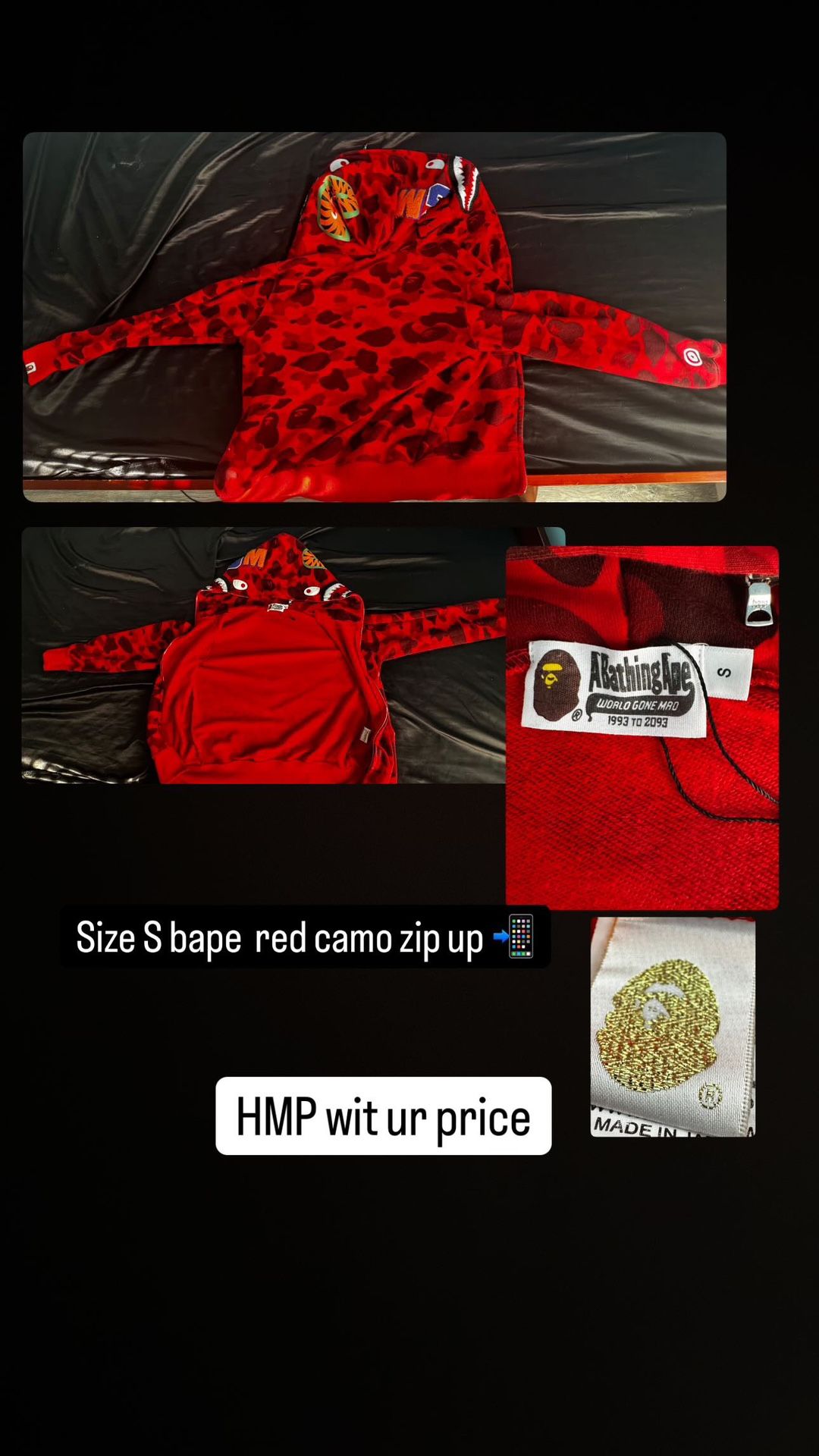 BAPE Red Camo Full Zip Hoodie – Size S – OG Shark
