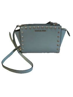 Michael Kors Selma Medium Studded Messenger Crossbody Bag Pale Blue Saffiano