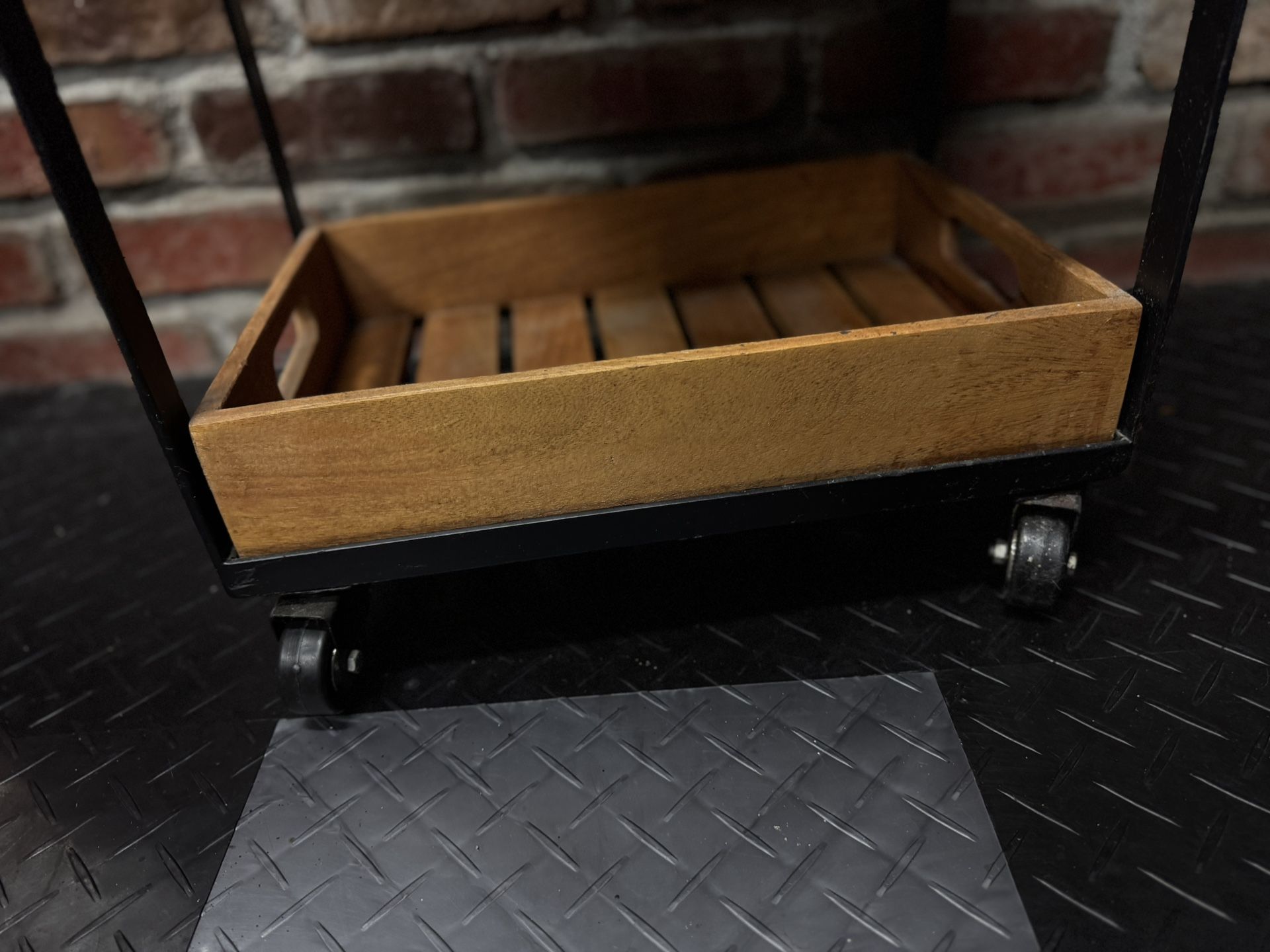 Rolling Steel And Wooden Cart 36”x12x16Donna Sculpture From Murano