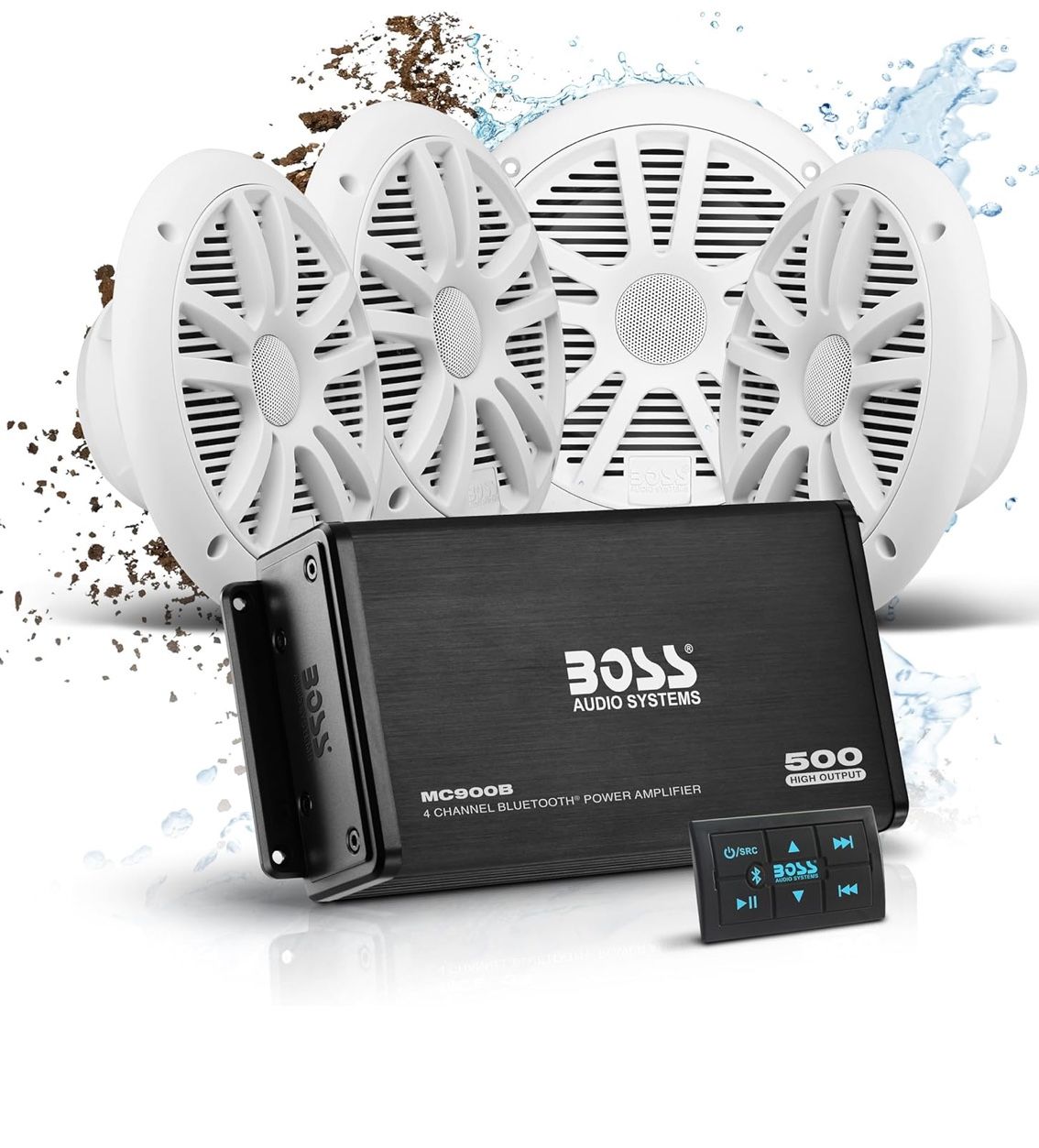 BOSS Audio Systems ASK904B.64 Marine Boat 6.5 inch Speakers and 4 Channel Amplifier - 500 High Output, Bluetooth Remote, USB and Auxiliary, Waterproof