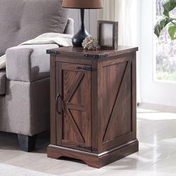 E433 $45  Nightstand with Charging Station, Rectangular Farmhouse End Table with Barn Door and Adjustable Storage Shelf, 17" Deep Wood Rustic Sofa Sid