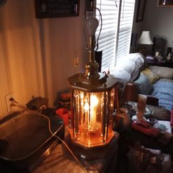 1980s Oak Brass Smoke Etched Glass Mirror Table Lamp!!OBO!!