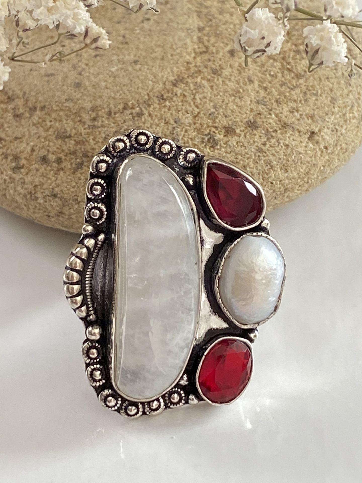 Rainbow Moonstone, garnet and biwa pearl handcrafted 925 sterling silver overlay ring size 10