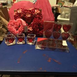Lot Of Valentine Votives, Tea light Holders And Heart Shaped Wreaths