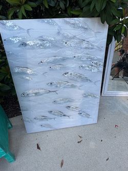 Large Silver Fish School Canvas Wall Art