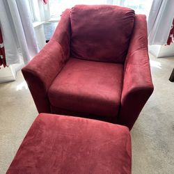 2 Light Blue Loveseats and 1 red chair W/ Ottoman 