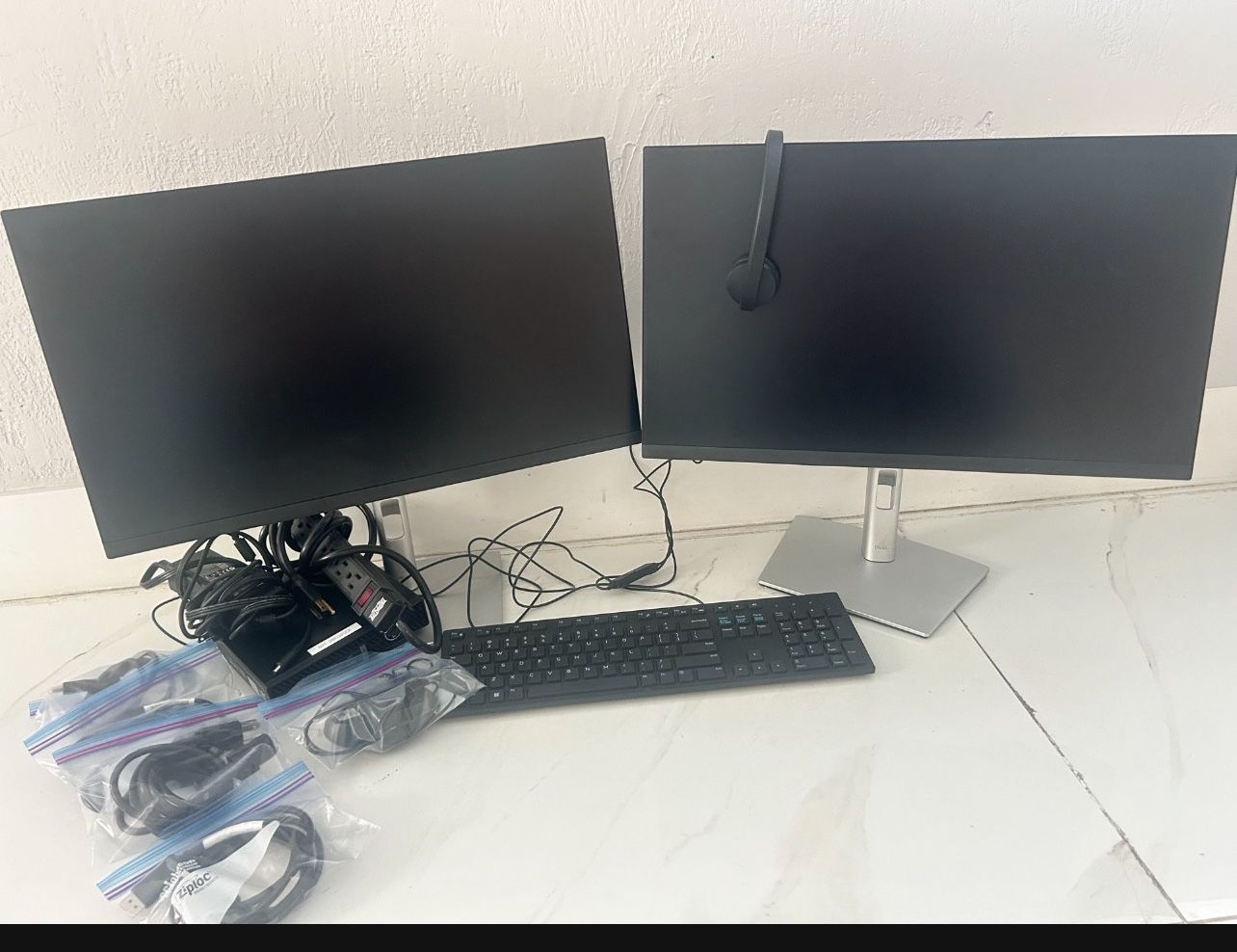 2 Monitors With Keyboard And Headset