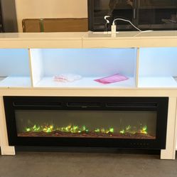 94.5" Extra Long Fireplace TV Stand with 50" Electric Insert, Modern High Gloss Entertainment Center for Up to 100" TVs, Media Console with Color-Chan
