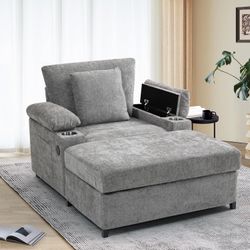 New Heavy Duty SUNWAVE Chaise Lounge Chair with Ottoman, Chenille Fabric Sofa Bed, Accent Chair with Cupholders & USB Charging Ports for Living Room, 