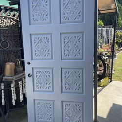 Light gray solid wood entrance door -  80 inches high/  35. 5 inches wide
