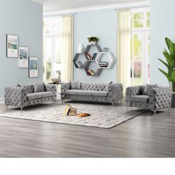 Silvery Grey Velvet Couch Set 
